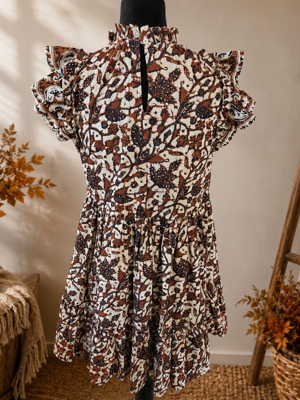 House of Harlow 1960 XS NWT Boho Mini Dress Cotton Ruffle Mock Neck Fall - Picture 3 of 16